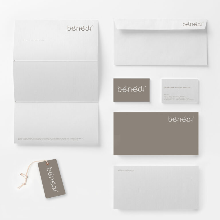 Corporate Design für das Modelabel Bénédí: Briefpapier, Visitenkarten, Complimentcards, Kleiderlabel. Designer: Volker Krüger