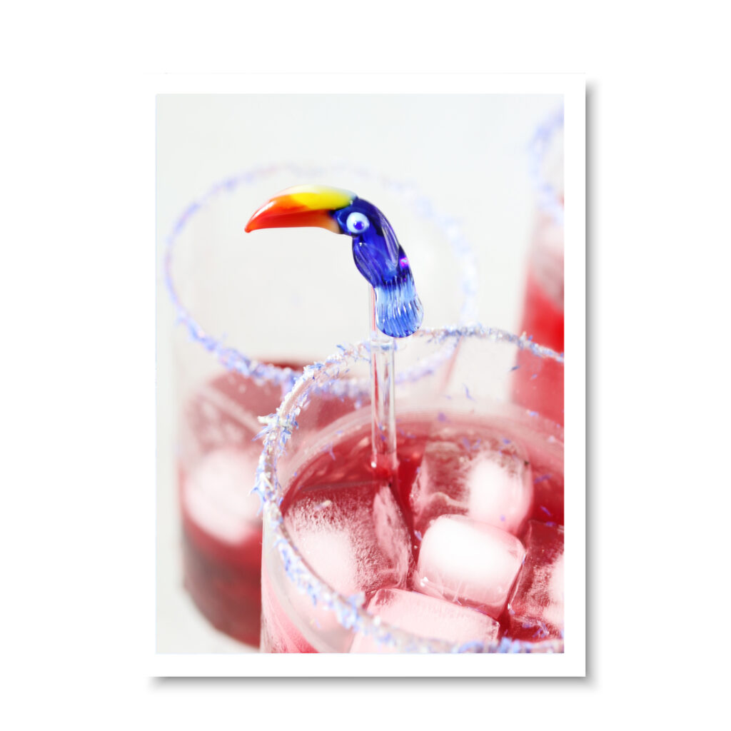 Foodfoto aus dem Kochbuch "Bitterfeld". Wir sehen mehrere Gläser mit einem roten, Getränk in dem Eiswürfel schwimmen. In einem Glas steckt ein dünner Rührstab aus Glas mit einem mungeblasenen, blauen Vogel, der einen großen gelb-roten Schnabel hat.