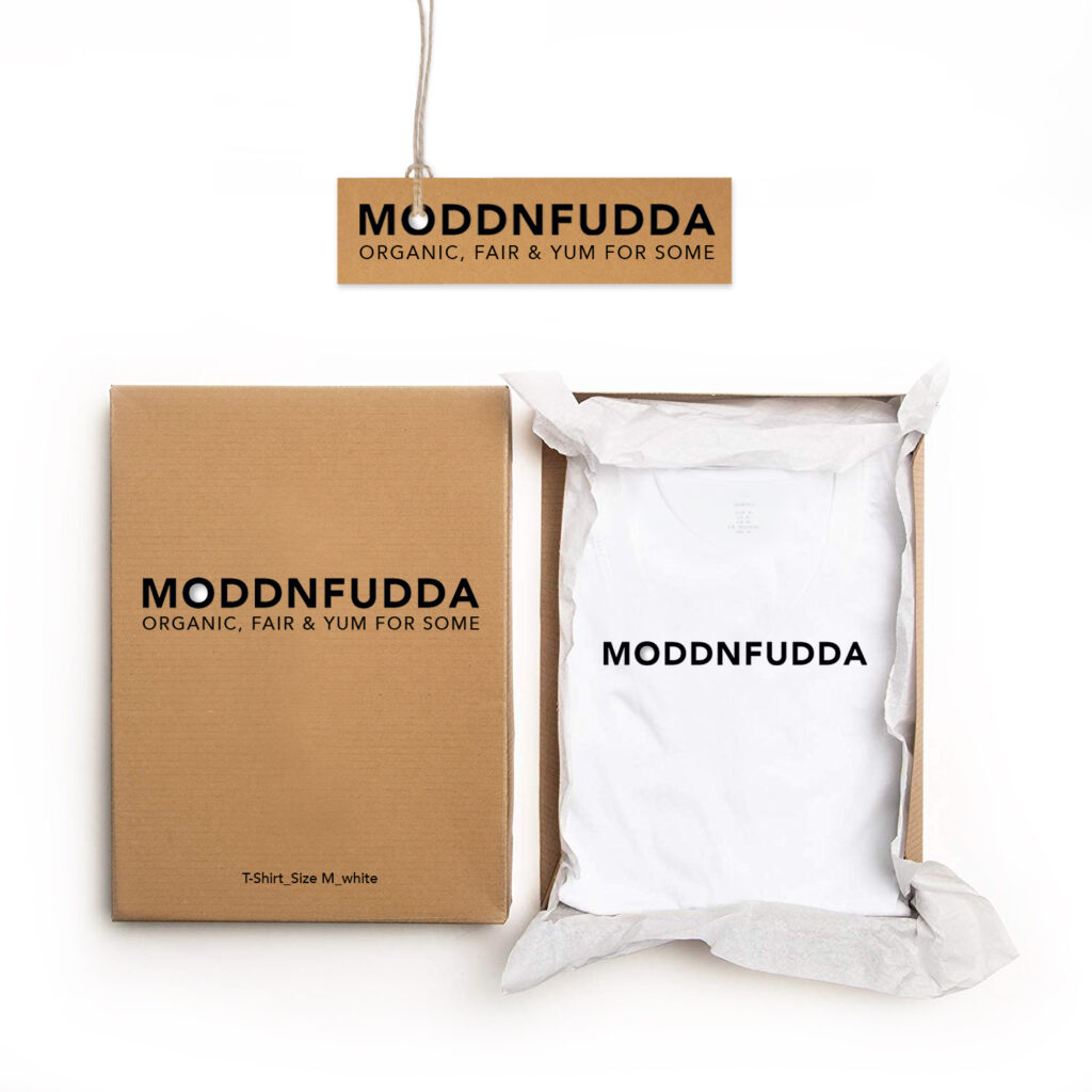 kompostierbare Verpackung und Kleiderlabel des Modelabels Moddnfudda aus Hamburg-Ottensen.
