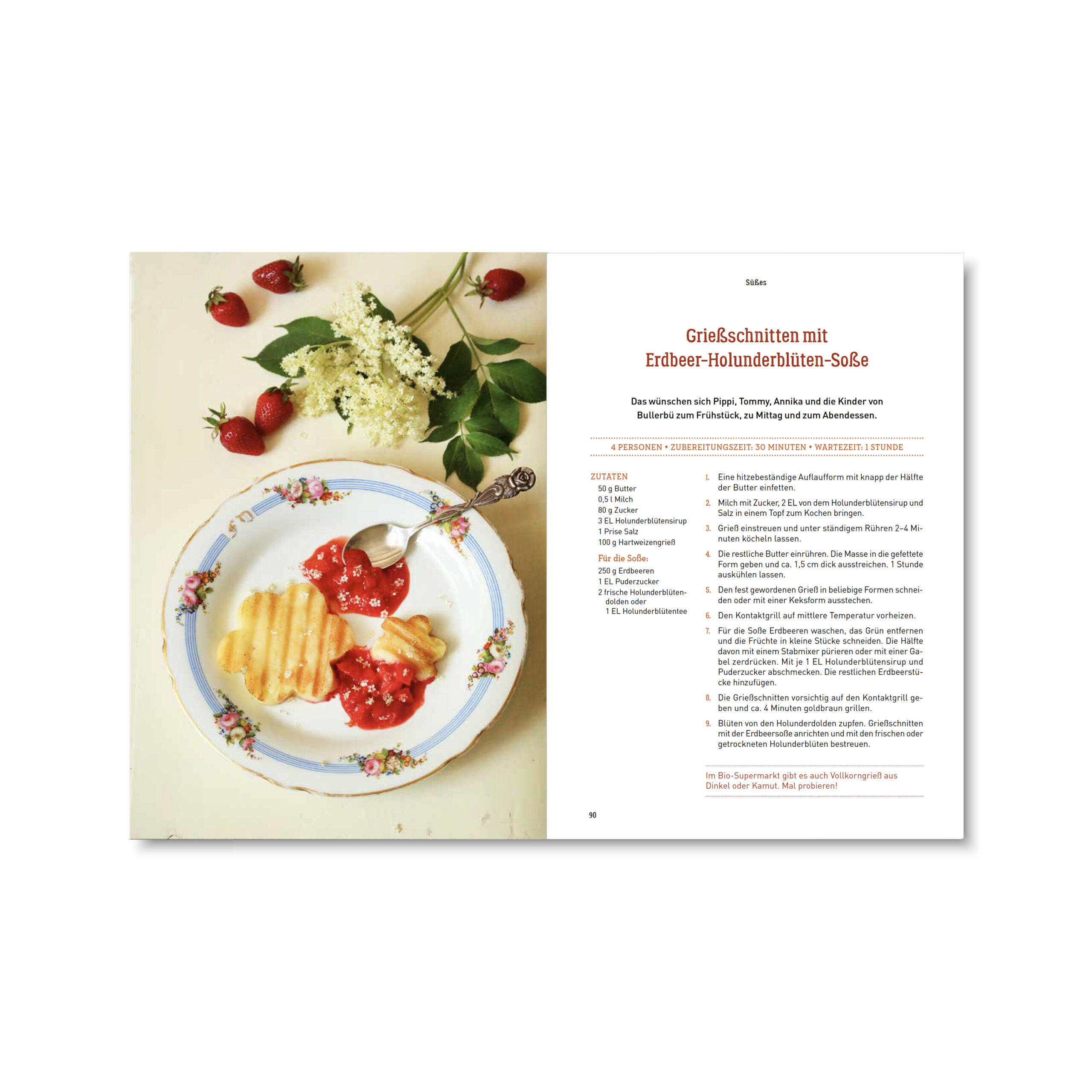 Eine Doppelseite des Kochbuchs "Kontaktgrill" von Volker Krüger und Muriel Struck. Foodfotografie und Text: Volker Krüger, Rezept Muriel Struck